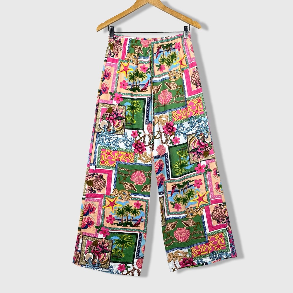 See You Monday Wide Leg Pants Womens M Multicolor Tropical Coastal Beachy Boho